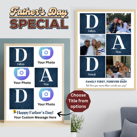 Father's Day photo collage frames with customizable text and photos on a wall.