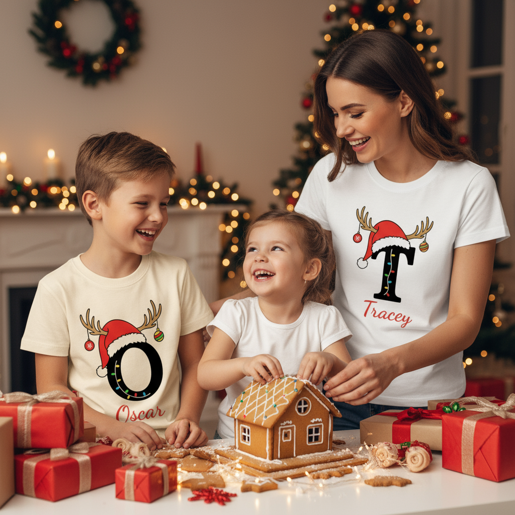 Personalised Christmas T-Shirt – Custom Name & Initial