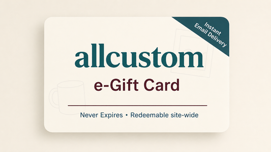 An allcustom e-Gift Card shown on a light cream background. The card is off-white with dark teal and dark red text, featuring a dark teal diagonal 'Instant Email Delivery' badge in the top right corner.