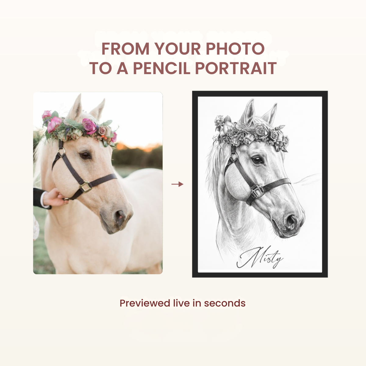 Misty the horse wearing a flower crown, shown in the original photo and a custom pencil-style portrait in a black frame.