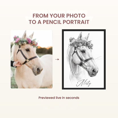 Misty the horse wearing a flower crown, shown in the original photo and a custom pencil-style portrait in a black frame.