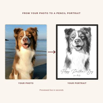 A dog photo turned into a hand-drawn style pencil portrait — a 'Happy Pawther's Day' dog dad gift, previewed live