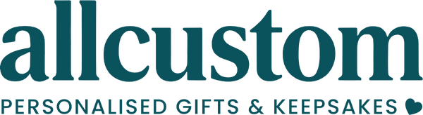 The Allcustom logo in dark teal text on a white background, with the tagline 'PERSONALISED GIFTS & KEEPSAKES' underneath.