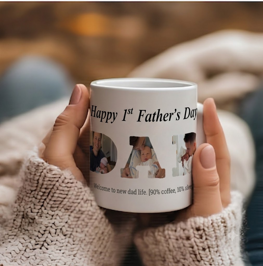A personalised first Father's Day photo mug spelling 'DAD' with baby photos inside the letters, held in two hands