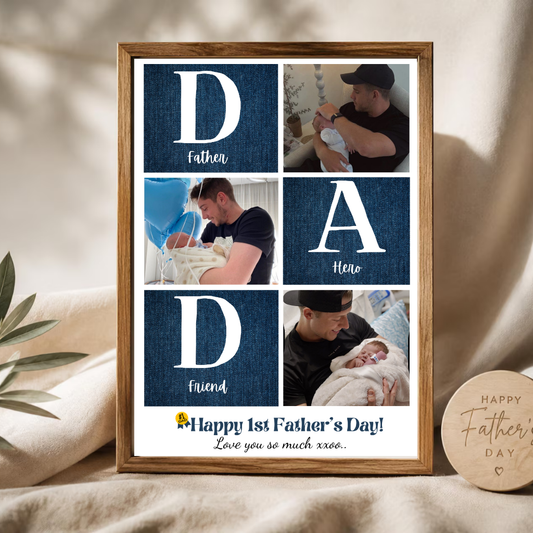 A framed personalised first Father's Day print spelling 'DAD' with family photos and the words Father, Hero and Friend