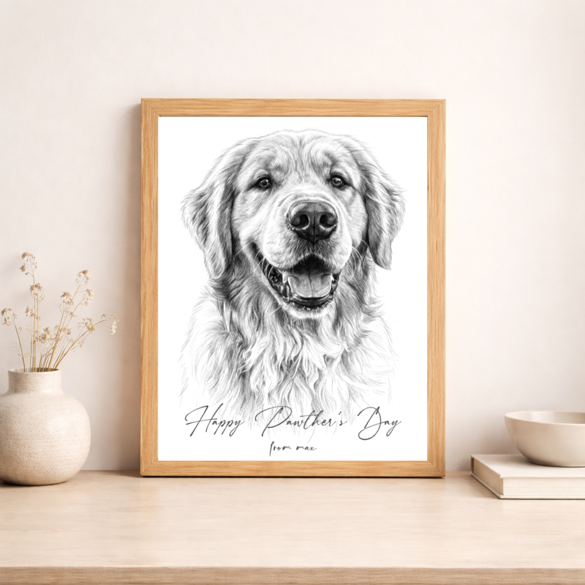 A framed hand-drawn style pencil portrait of a golden retriever on a shelf — a 'Happy Pawther's Day' dog dad gift