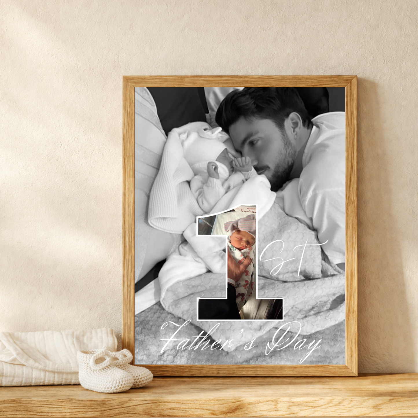 A framed personalised first Father's Day print: a dad cradling his newborn, with a large '1st Father's Day'